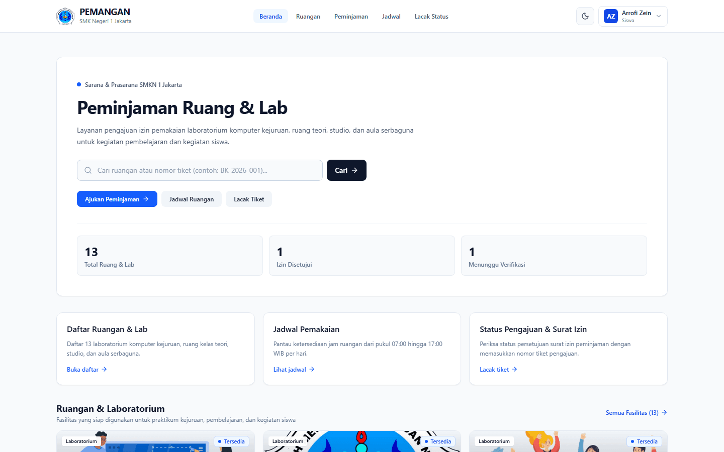 Pemangan room and laboratory booking web app interface