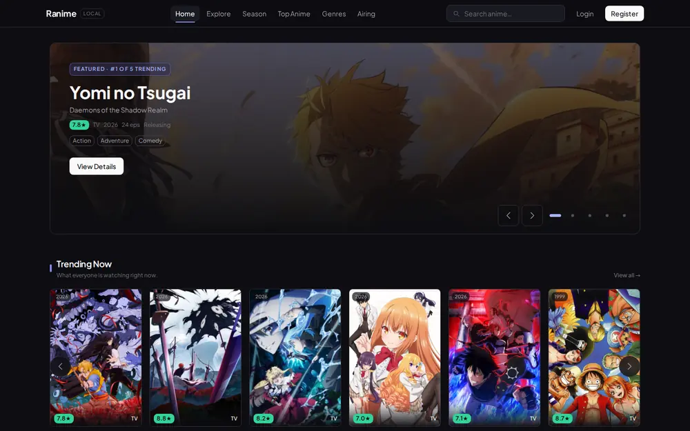 Ranime Anime catalog platform screenshot with search, stats and anime cards