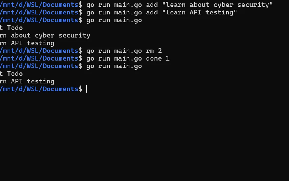 Todo CLI actual terminal output and task management workflow in Go